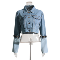 Blue Denim Belt Design Denim Jacket for Women - Collared Korean Patchwork Top