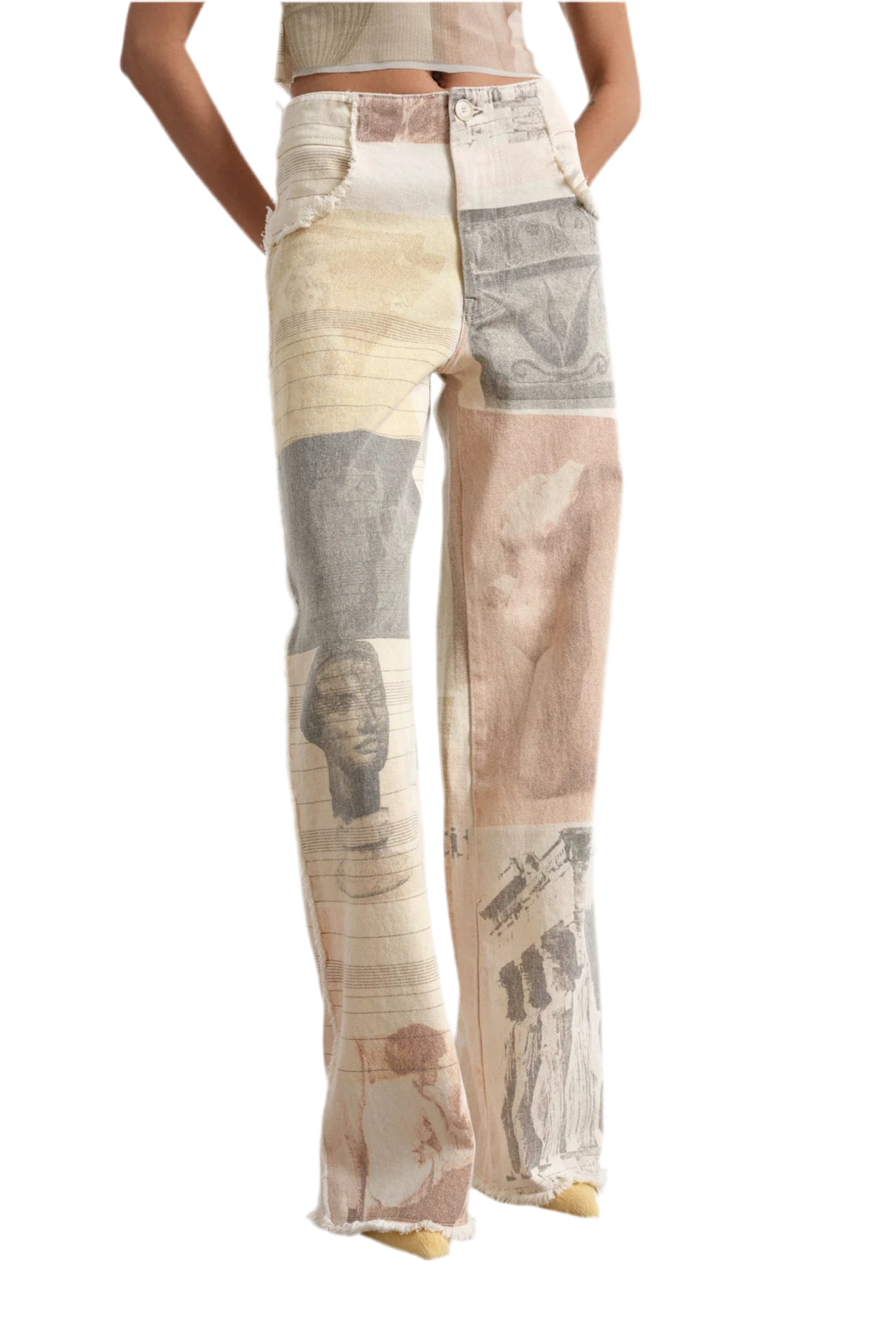 Retro Loose Print Wide Leg Straight Mop Denim Trousers