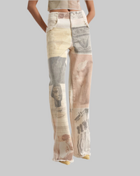 Retro Loose Print Wide Leg Straight Mop Denim Trousers