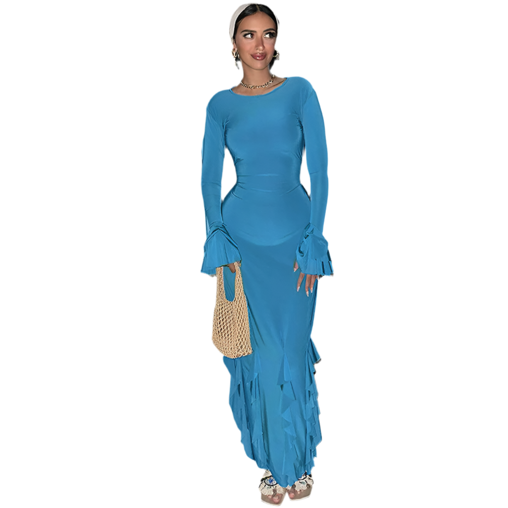 Earthtone Women Clothing Autumn Slim Fit Tied Lace Long Sleeved Dress Women