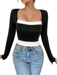 Women’s Long Sleeve Color Blocking T-Shirt – Square Collar Top