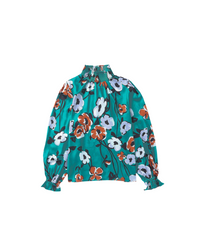 Green Mock Neck Floral Silk Blouse for Women | Elegant Long Sleeve Top