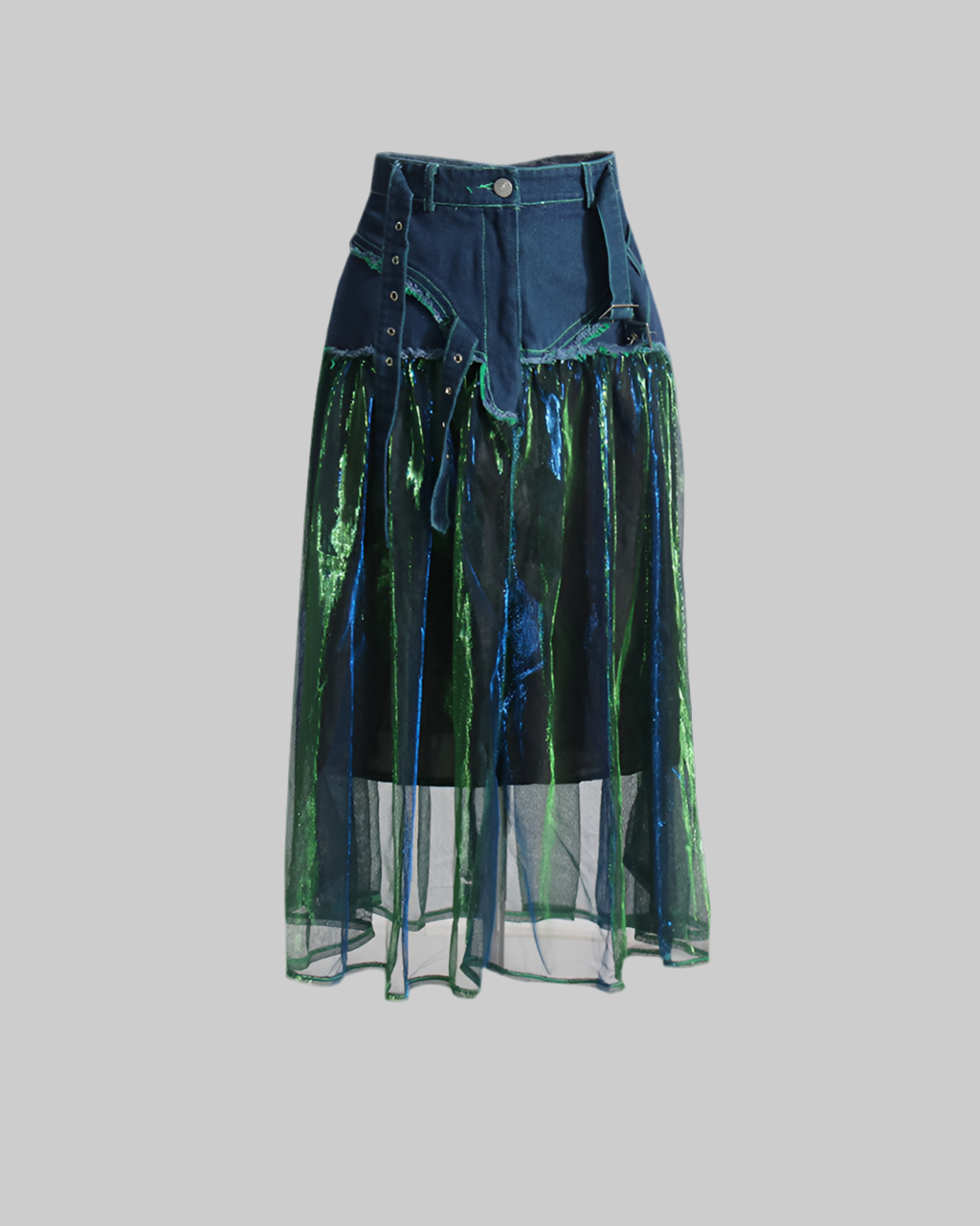Blue Denim Stitching Mesh Skirt for Women - High Waist Slimming Elegant Design