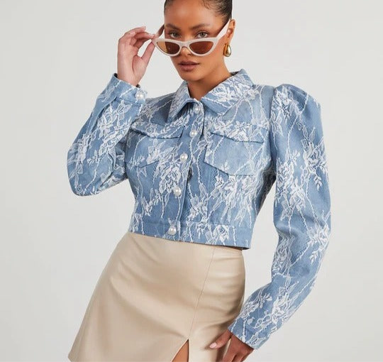 Casual Loose Floral Lace Denim Jacket for Women