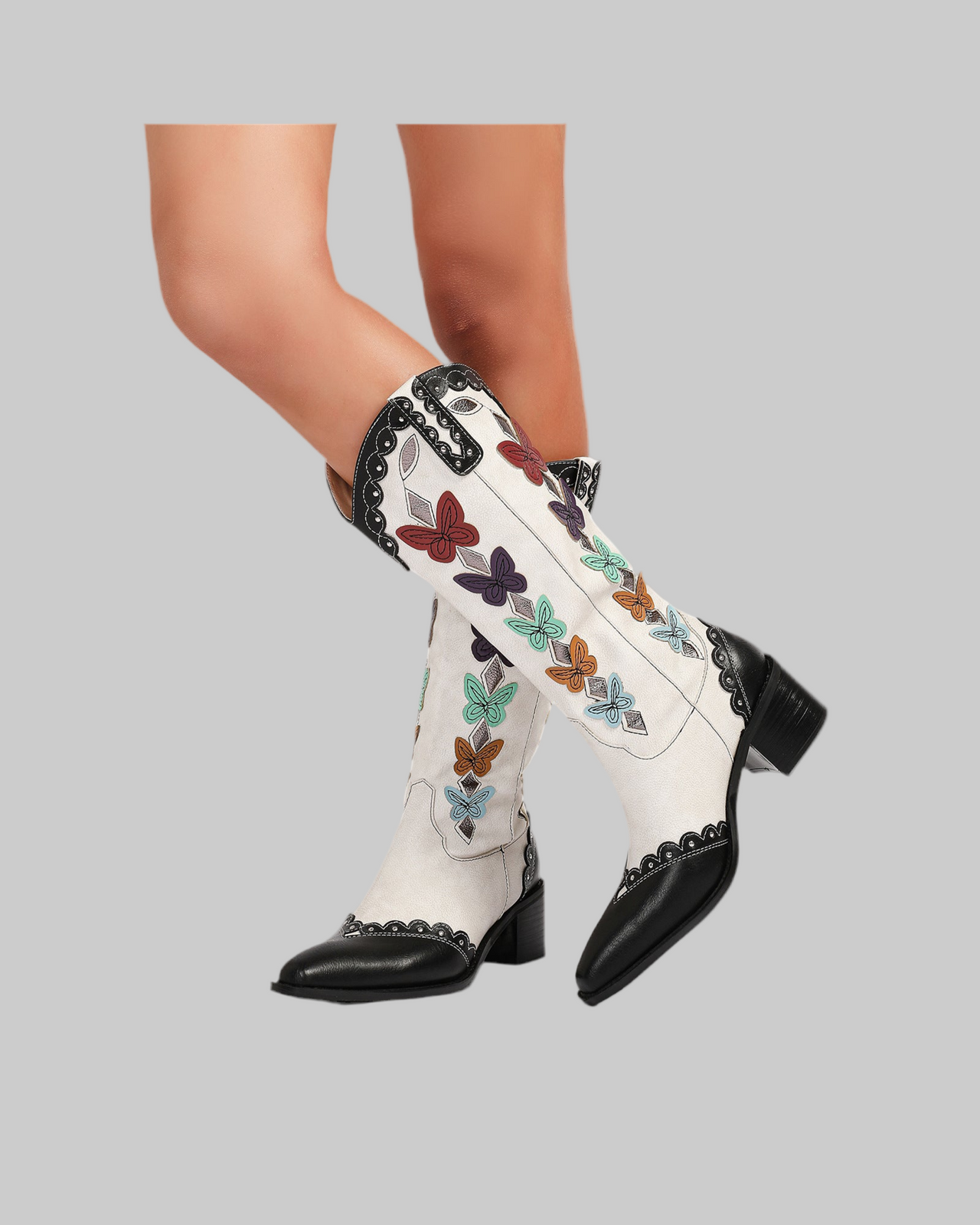 Western Denim Colorful Butterfly Embroidered Chunky Heel Ankle Boots - Modestly Vogue