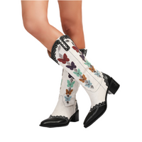 Western Denim Colorful Butterfly Embroidered Chunky Heel Ankle Boots
