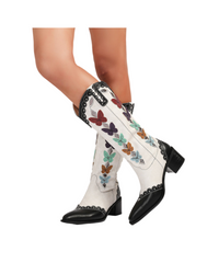 Western Denim Colorful Butterfly Embroidered Chunky Heel Ankle Boots