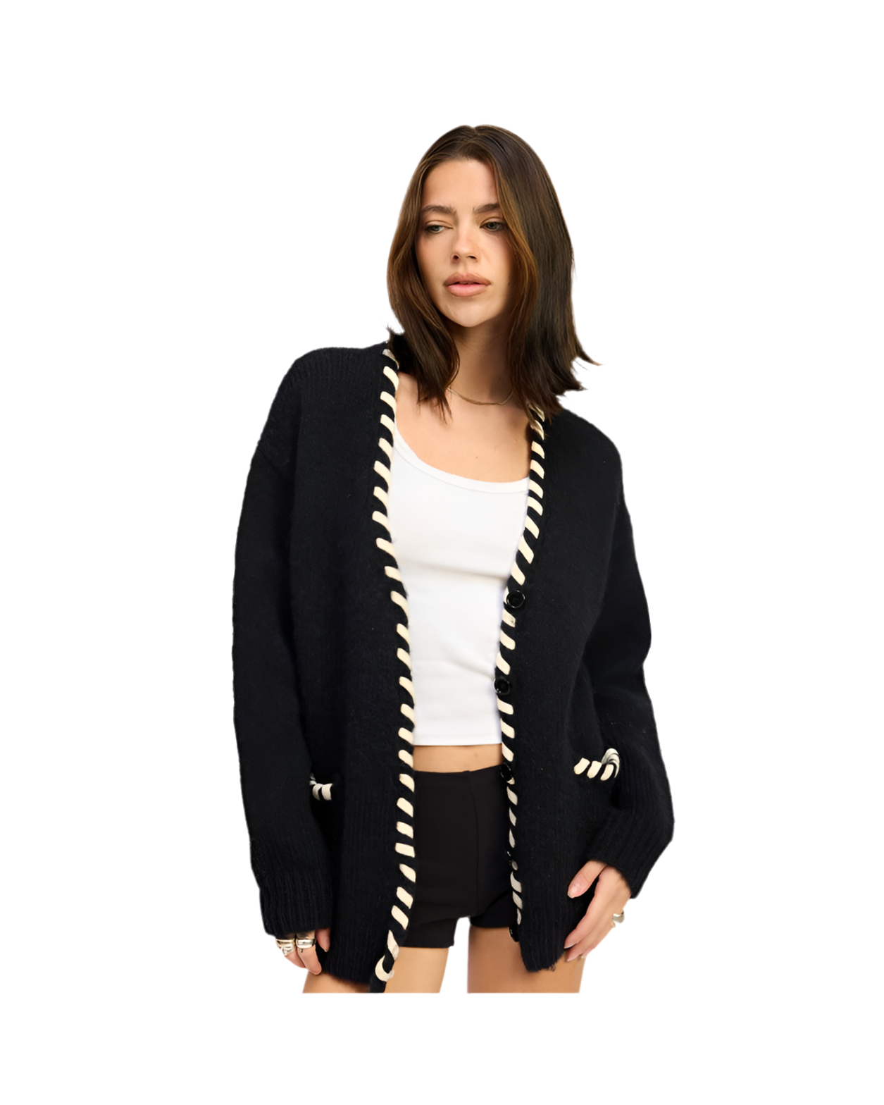 LEATHER TRIM CARDIGAN WITH BUTTONS