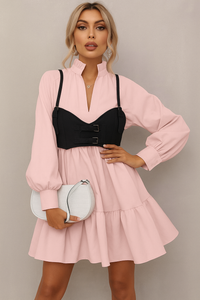 Pink Frilled Stand Collar Long Sleeve Ruffle Dress - Modestly Vogue