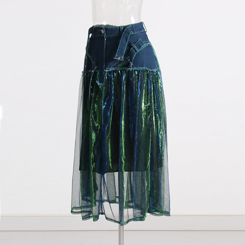 Blue Denim Stitching Mesh Skirt for Women - High Waist Slimming Elegant Design