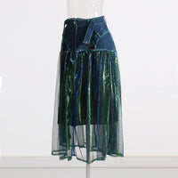 Blue Denim Stitching Mesh Skirt for Women - High Waist Slimming Elegant Design