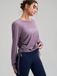 Round Neck Yoga Long Sleeve Drawstring T shirt Loose Breathable Fitness Running Top