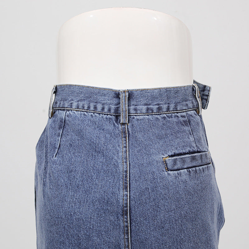 Blue Denim High Waist Ruched Wide Leg Jeans