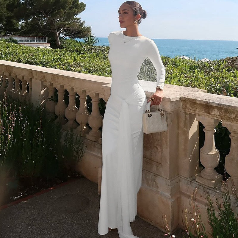 Fall Women Clothing round Neck Long Sleeve Slim Fit Lace up Sheath Solid Color Temperamental Minority Maxi Dress
