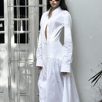 Women Clothing Spring Summer White Office Pleated A line Dress Collared Long Sleeve Shirt Dress Women - Modestly Vogue