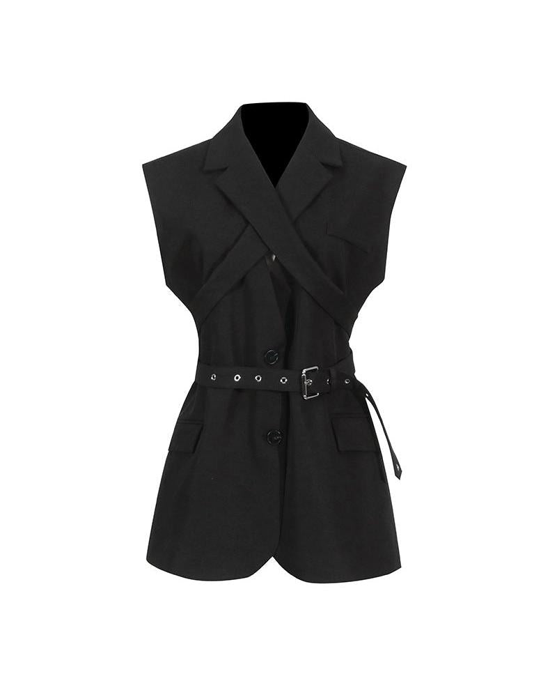 Black Blazer for Women - Simple Spring Autumn Sleeveless Belt Collared Design