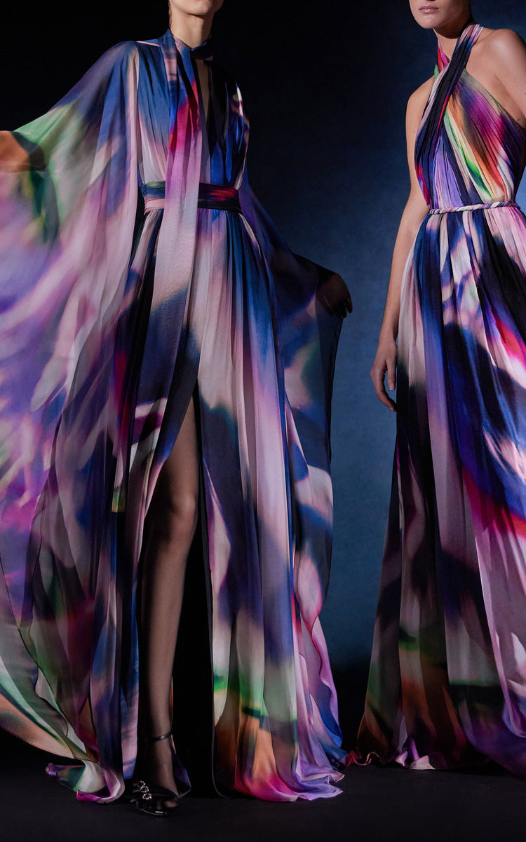 Spring Summer Star Bay Sleeve Colorful Printed Maxi Dress Holiday Maxi Dress