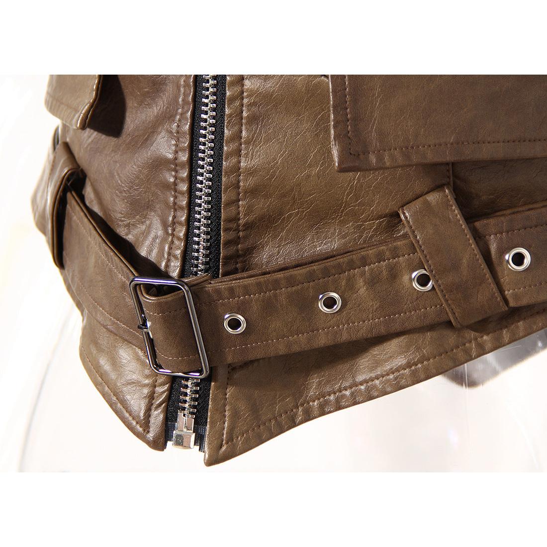 Earthtone Design Two Piece Coat Spring Cloak Stitching Faux Leather Handsome Waist Tight Jacket Top Women