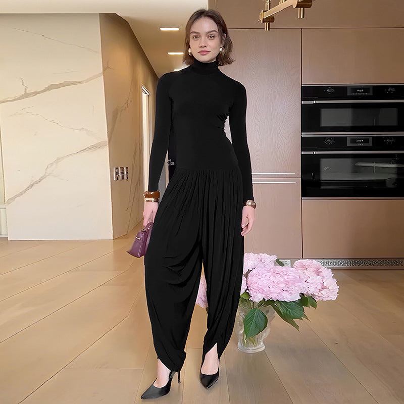 Black Fall Women Clothing Slim Fitting Cool Turtleneck Solid Color Long Sleeve Pleated Jumpsuit