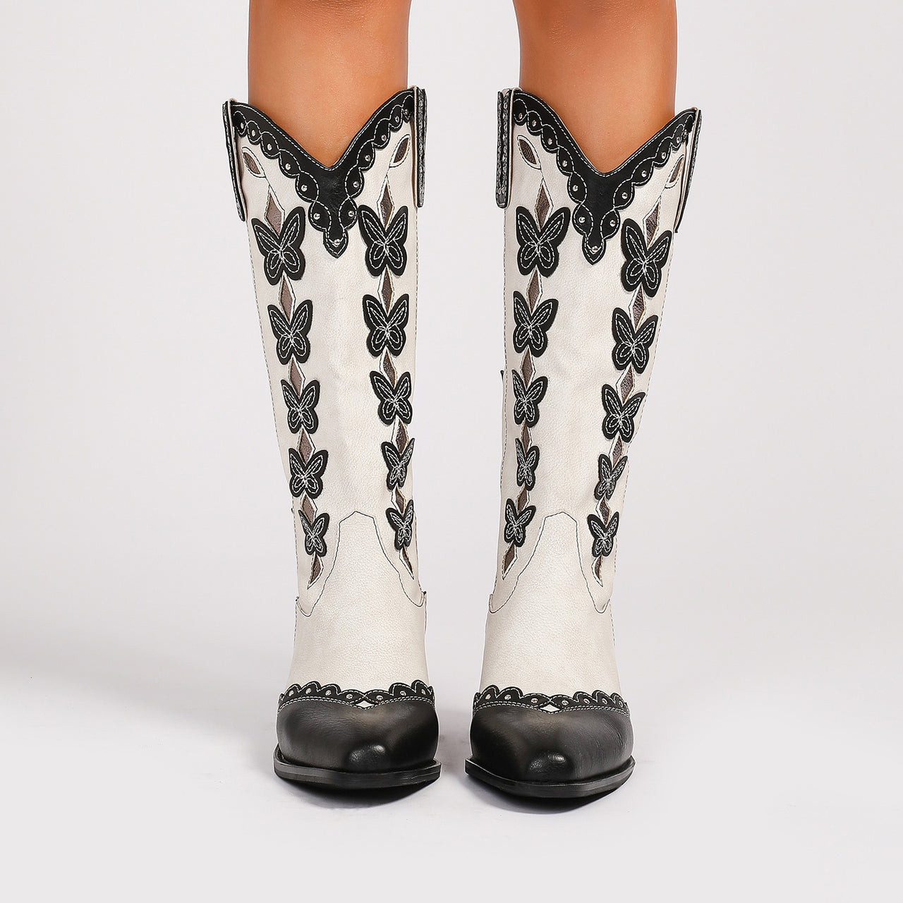 Western Denim Colorful Butterfly Embroidered Chunky Heel Ankle Boots