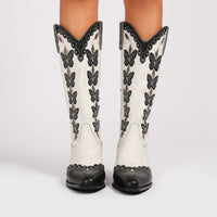 Western Denim Colorful Butterfly Embroidered Chunky Heel Ankle Boots