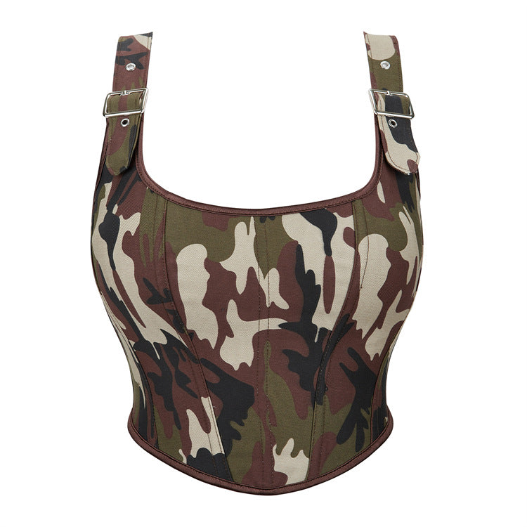 Earthtone Camouflage Adjustable Shoulder Strap Women Tube Top Push up Top