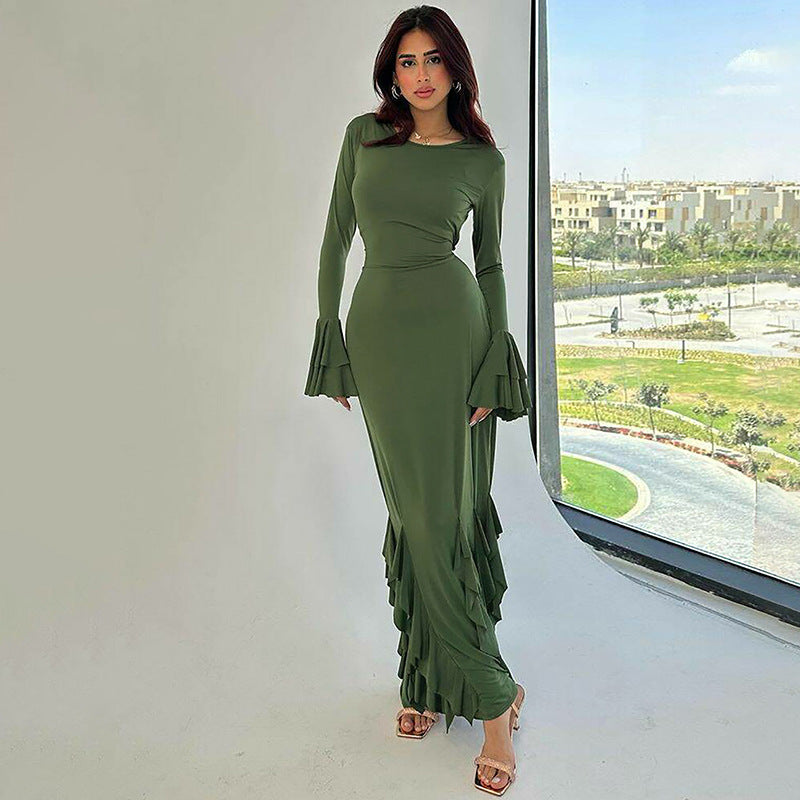 Earthtone Women Clothing Autumn Slim Fit Tied Lace Long Sleeved Dress Women