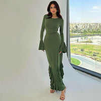 Earthtone Women Clothing Autumn Slim Fit Tied Lace Long Sleeved Dress Women