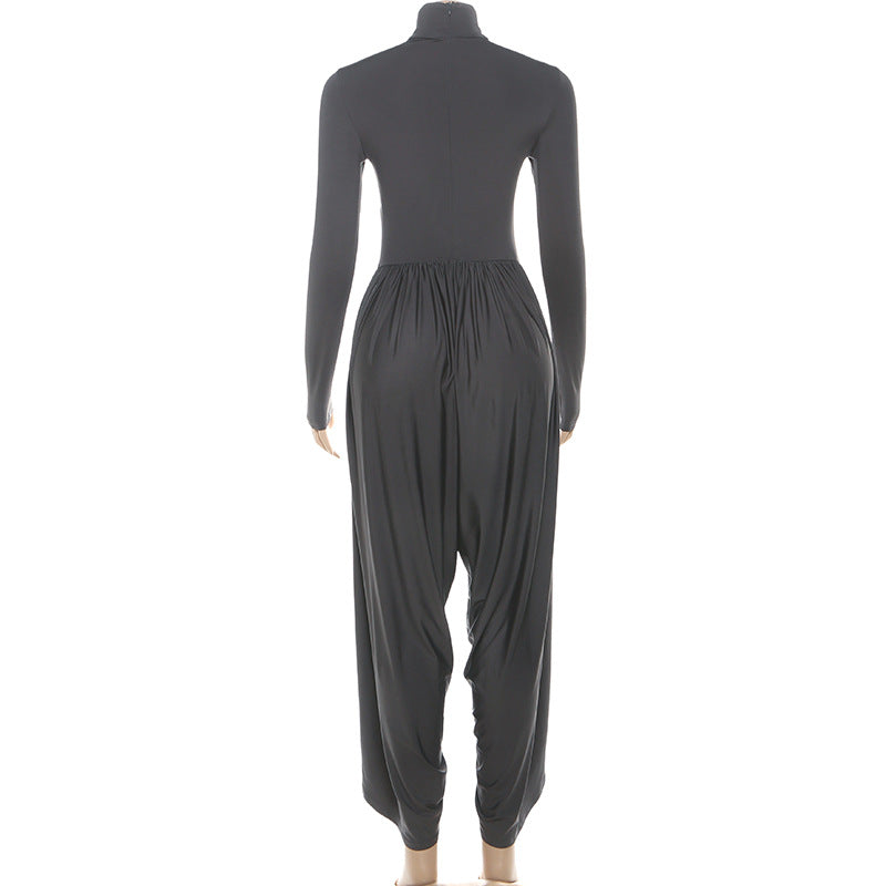 Black Fall Women Clothing Slim Fitting Cool Turtleneck Solid Color Long Sleeve Pleated Jumpsuit