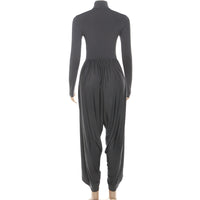 Black Fall Women Clothing Slim Fitting Cool Turtleneck Solid Color Long Sleeve Pleated Jumpsuit