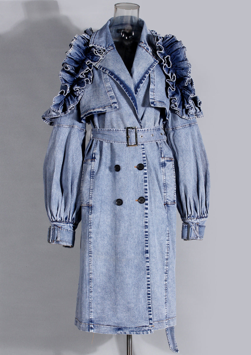 Blue Denim Ruffle Shoulder Long Trench Coat