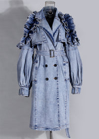 Blue Denim Ruffle Shoulder Long Trench Coat