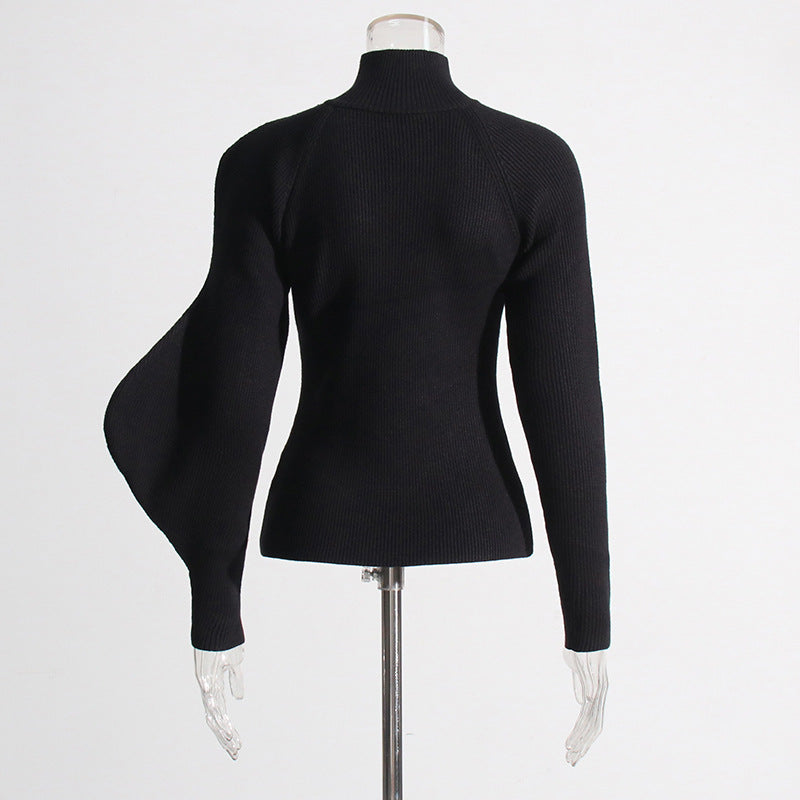 Neutral Elegant Half Turtleneck Sweater - Asymmetric Slim Fit for Women