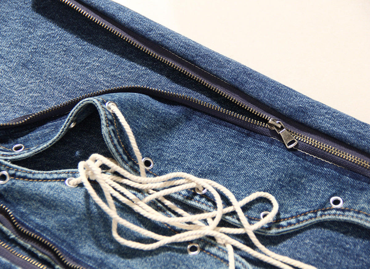 Blue Winter Color Loose Tied Same Design as Designer Personalized Minority Design Feeling Slightly Pull Jeans for Women