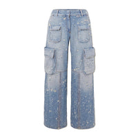 Blue Niche Design Jeans High Waist Loose Hole Trousers