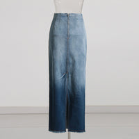 Blue Gradient Washed Denim Skirt for Women - Frayed Hem Split Slimming Design