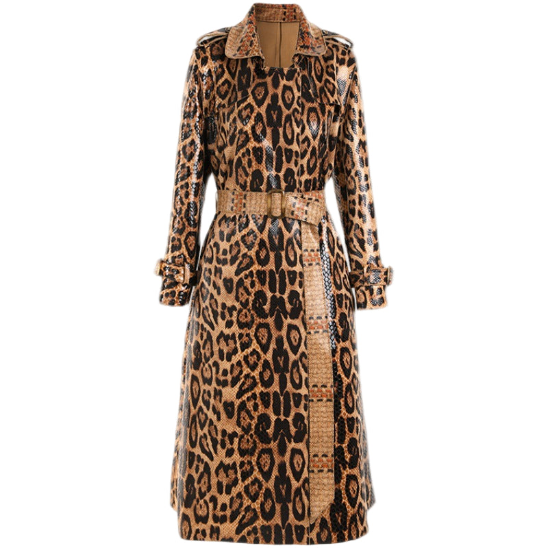 Leopard Print Goods Spring Autumn Snakeskin Long Trench Coat