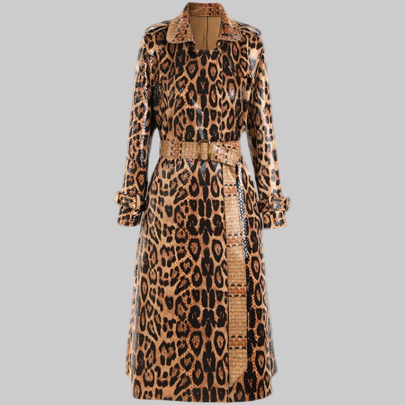 Leopard Print Goods Spring Autumn Snakeskin  Long Trench Coat - Modestly Vogue