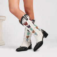 Western Denim Colorful Butterfly Embroidered Chunky Heel Ankle Boots