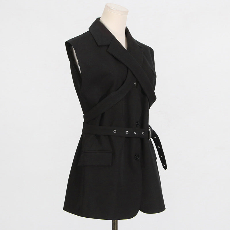Black Blazer for Women - Simple Spring Autumn Sleeveless Belt Collared Design