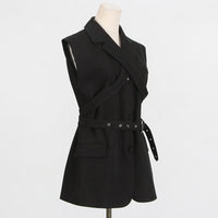 Black Blazer for Women - Simple Spring Autumn Sleeveless Belt Collared Design