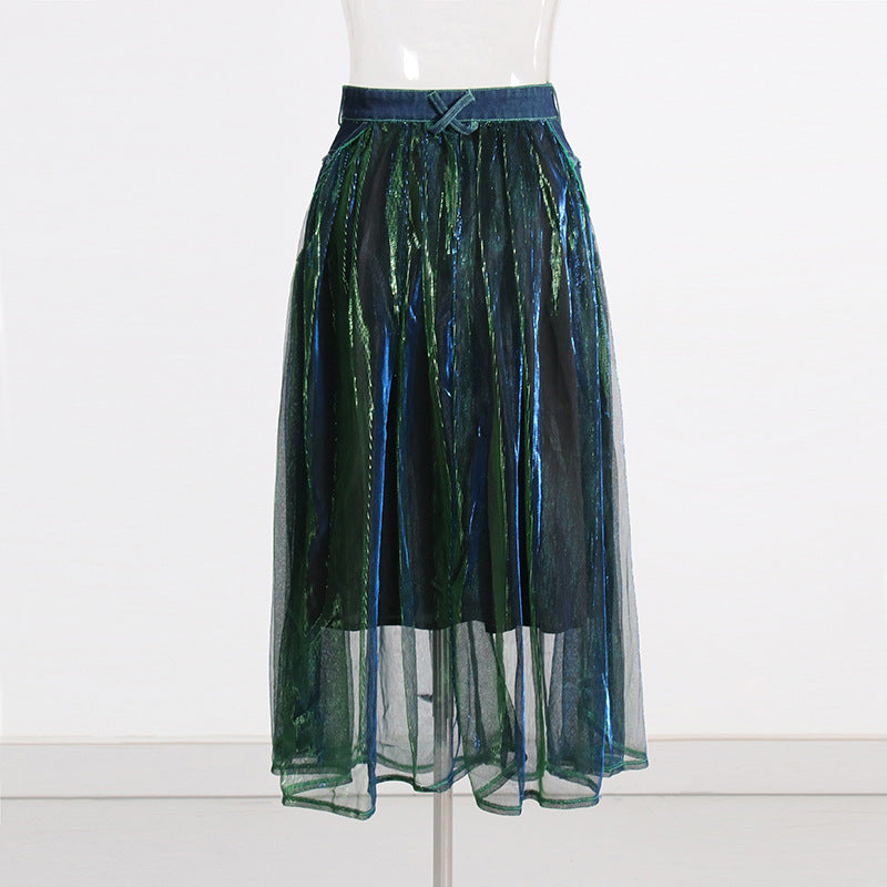 Blue Denim Stitching Mesh Skirt for Women - High Waist Slimming Elegant Design