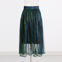 Blue Denim Stitching Mesh Skirt for Women - High Waist Slimming Elegant Design