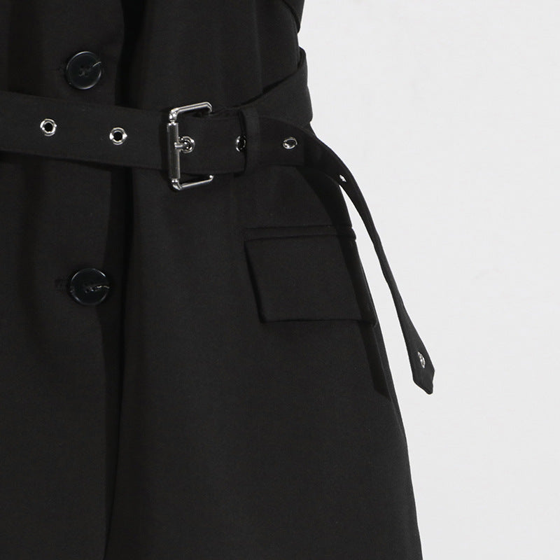 Black Blazer for Women - Simple Spring Autumn Sleeveless Belt Collared Design