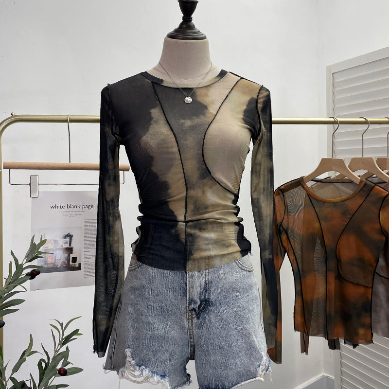 Earthtone Sunset Blooming Stretch Mesh Slim Fit Bottoming Shirt Bandage Top