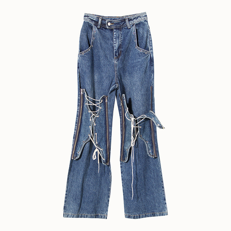 Blue Winter Color Loose Tied Same Design as Designer Personalized Minority Design Feeling Slightly Pull Jeans for Women