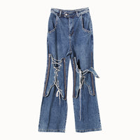 Blue Winter Color Loose Tied Same Design as Designer Personalized Minority Design Feeling Slightly Pull Jeans for Women