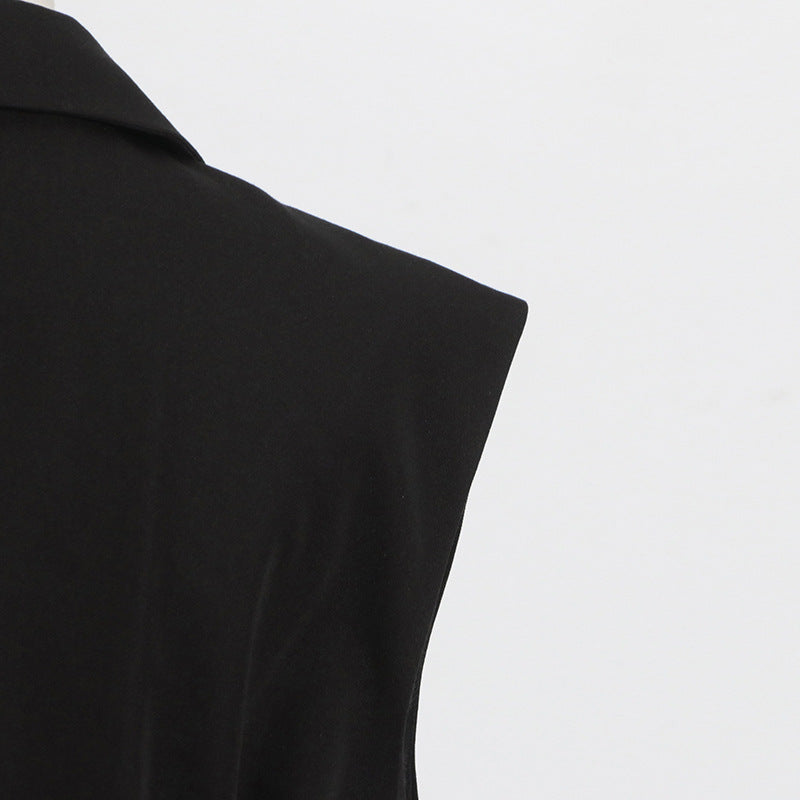 Black Blazer for Women - Simple Spring Autumn Sleeveless Belt Collared Design