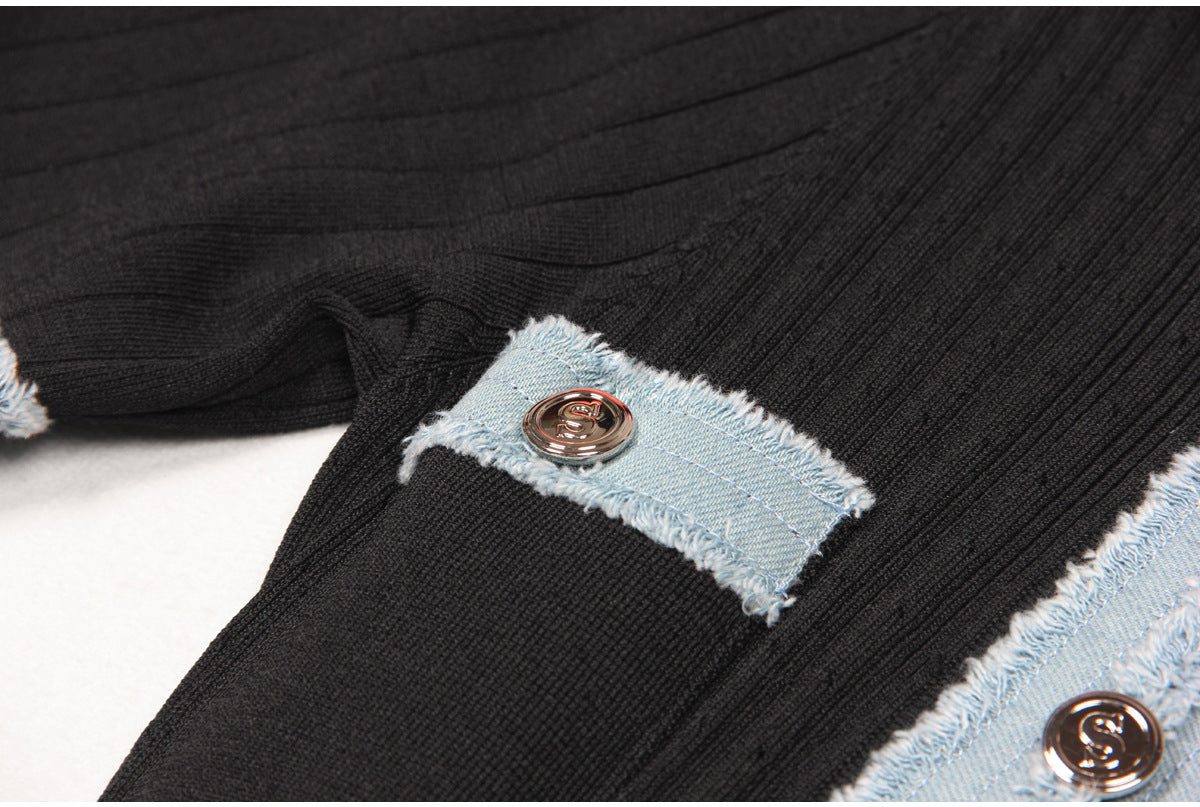 Black Short Sleeve Stitching Denim Simple Elegant Slim Slimming Long Knitted Dress Women