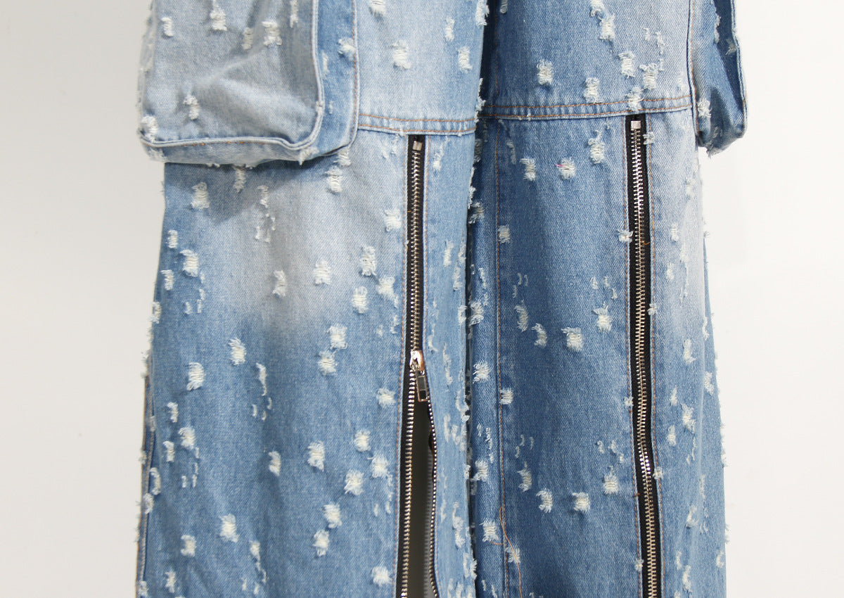 Blue Niche Design Jeans High Waist Loose Hole Trousers